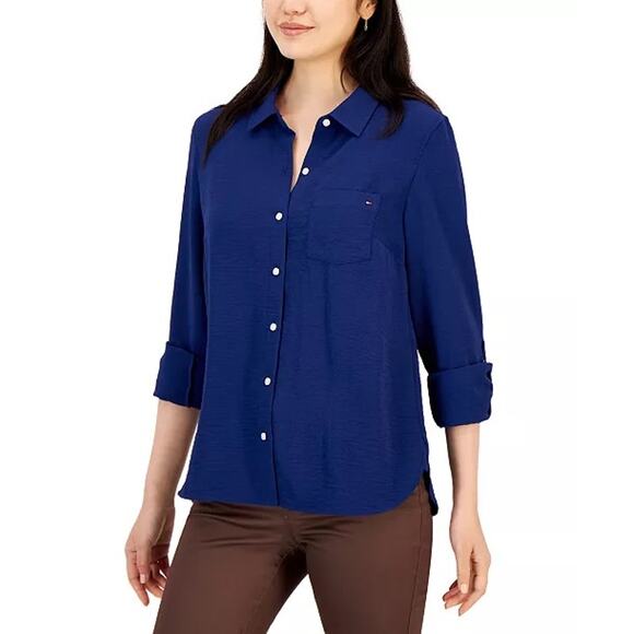 Tommy Hilfiger Navy Blue Roll-Tab-Sleeve Button-Down Emblem Pocket Shirt 0X NWT - Picture 1 of 14